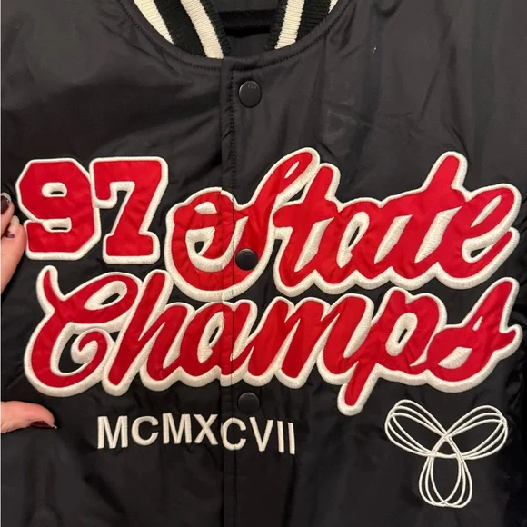 TNA Black Varsity Jacket with Red and White Embroidery - Picture 3 of 6